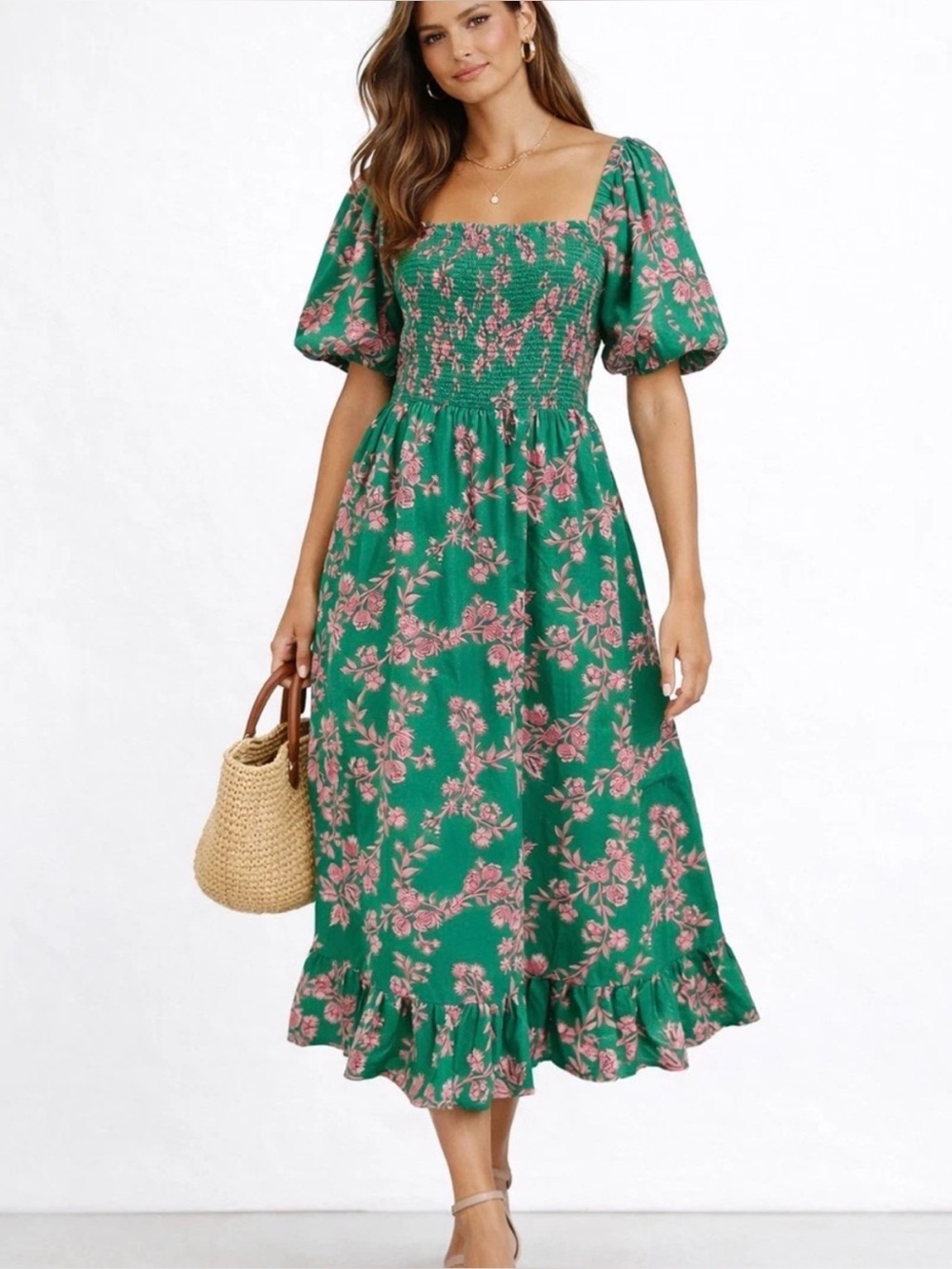 J Crew Smocked Floral Midi Dress Puff Sleeves Small